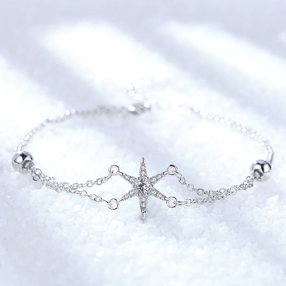 Elegant Sterling Silver Bracelet with Star Charm and Synthetic Stones