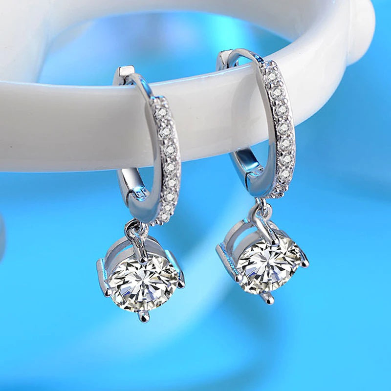 Classic Sterling Silver CZ Huggy Style Earrings with Round Dangling Solitaire CZ