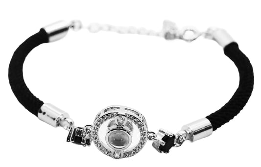 Elegant Sterling Silver Bracelet with Black Spinel And Round Silver Charm with Stone