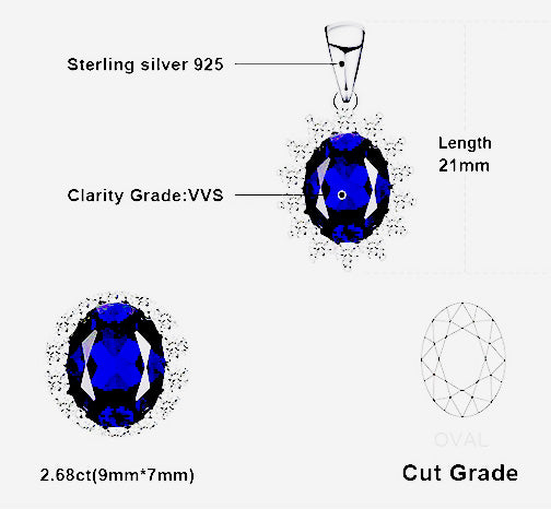 Sterling Silver Oval Shaped Lab Created Non-Treated Sapphire Accented with 14 Round Cubic Zirconia Stones on 18" Box Chain. Origin of Stone Switzerland