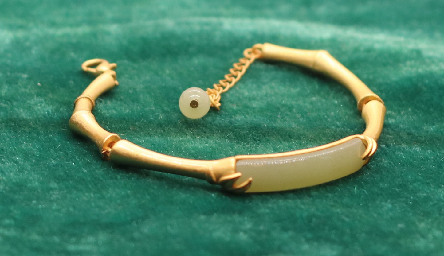 Elegant Sterling Silver Bamboo Jade Bangle Bracelet