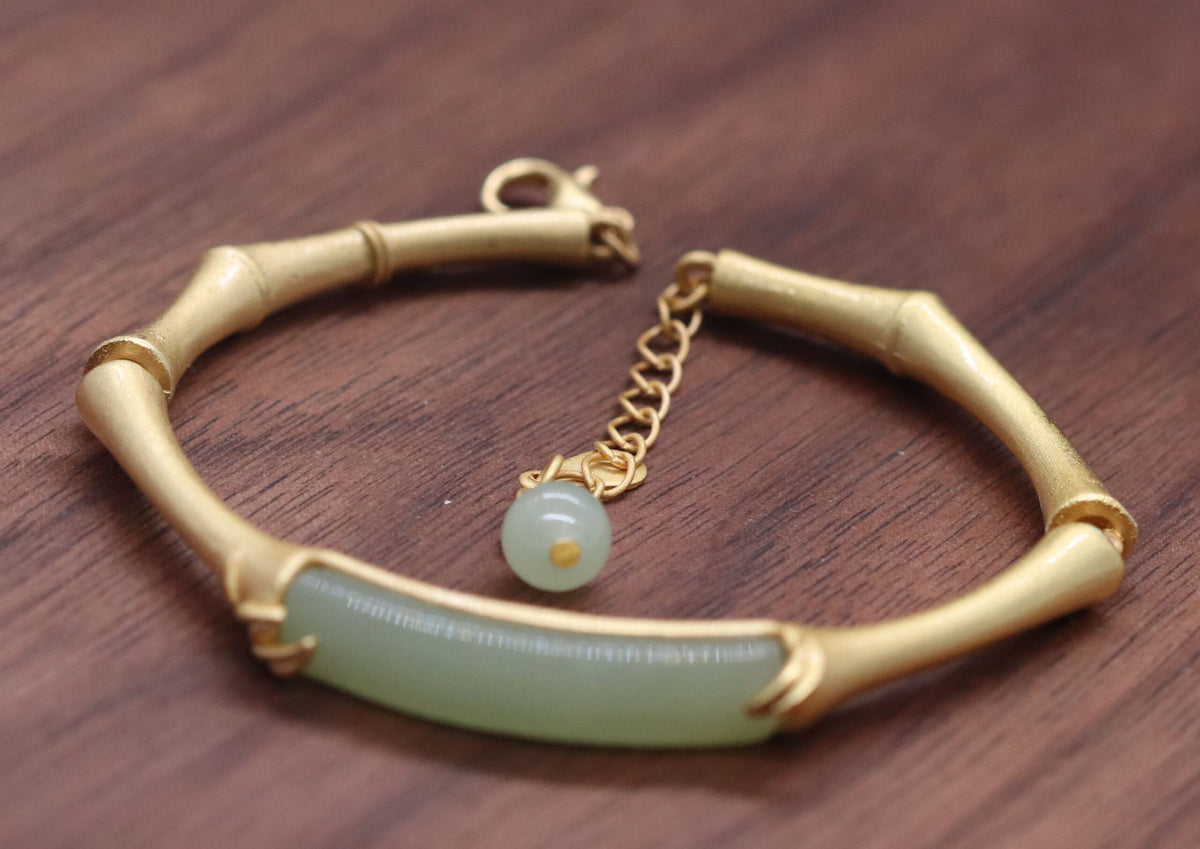 Elegant Sterling Silver Bamboo Jade Bangle Bracelet