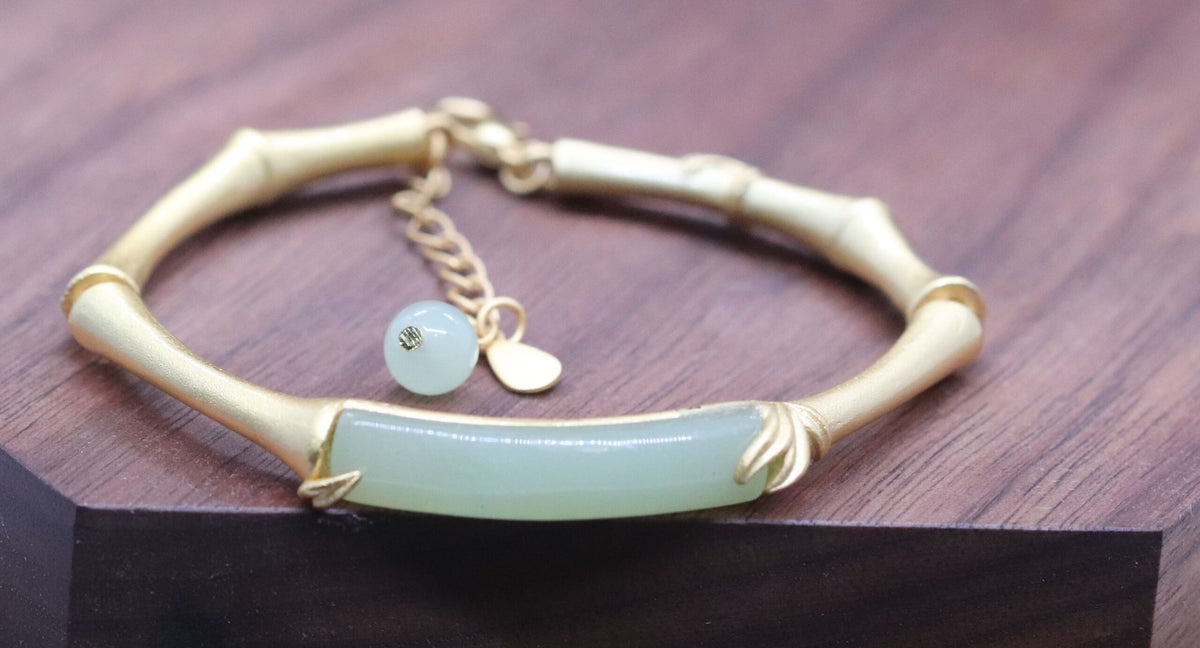 Elegant Sterling Silver Bamboo Jade Bangle Bracelet