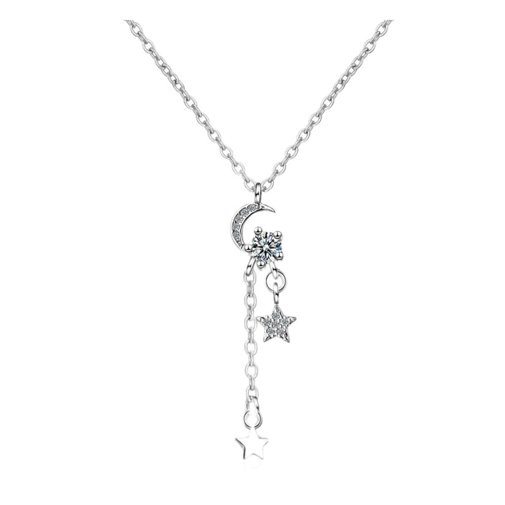 Elegant Sterling Silver Crescent Moon Pendant with Stars and Synthetic White Stones