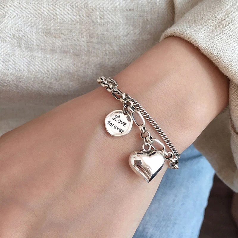 Elegant Sterling Silver Bracelet with Heart and Love Forever Charm
