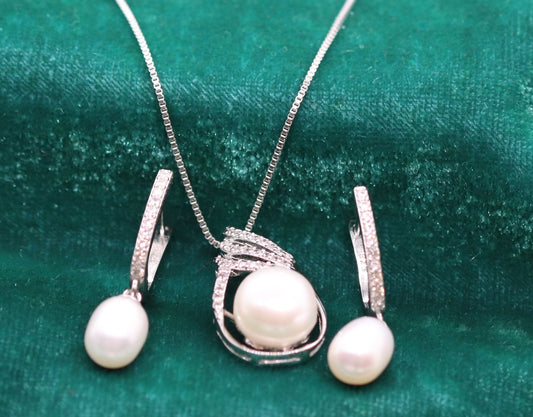 Elegant Sterling Silver Natural Freshwater Pearl and CZ Jewelry Set