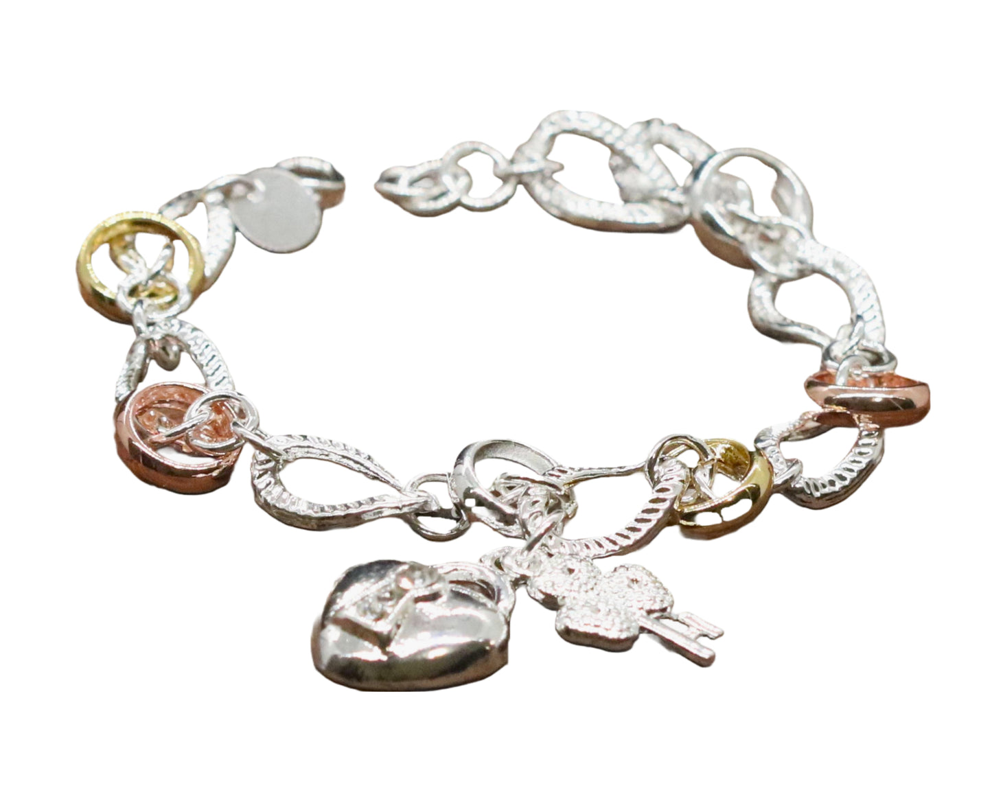 Beautifully Crafted Sterling Silver Two Tone Silver/Rose Silver Link Bracelet with Shamrock & Heart Key Charms.