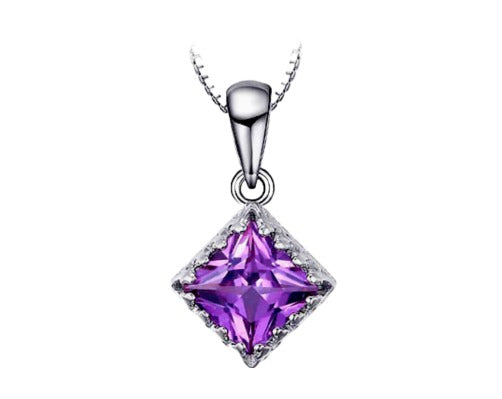 Sterling Silver Square Shaped Lab Created Alexandrite Sapphire Solitaire Pendant Set in Exquisite Sterling Silver Setting on 18" Box Chain. Origin of Stone Switzerland