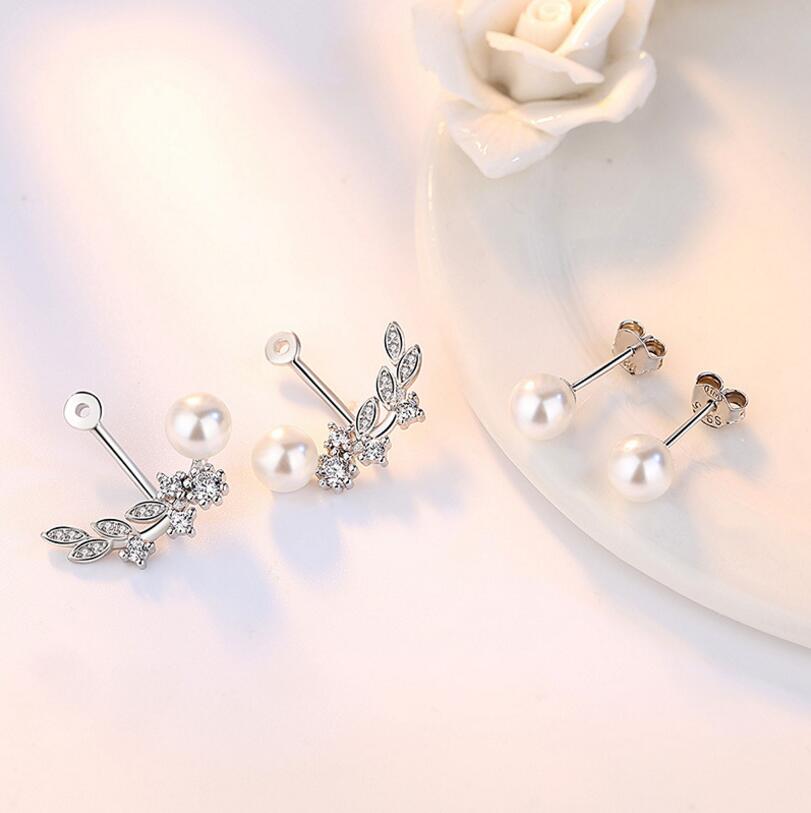 Exquisite Sterling Silver Pearl Earrings and Pearl and CZ Ear Jacket Set