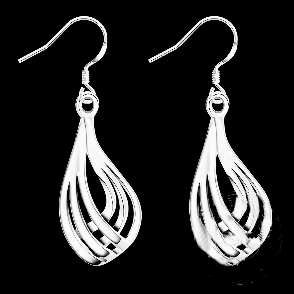 Exquisite Sterling Silver 3 Line Ripple Water Drop Vintage Dangle Earrings