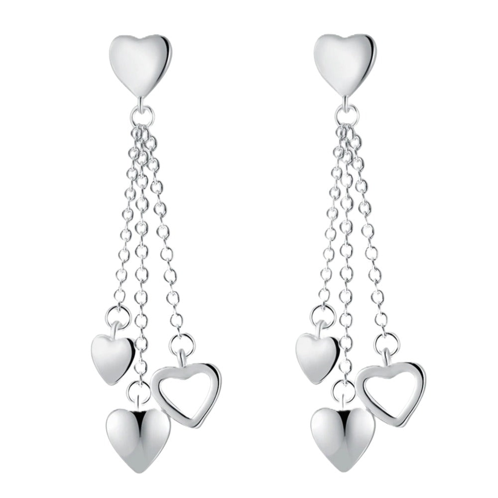 Elegantly Designed Sterling Silver Earrings with Dangling Open and Solid Hearts