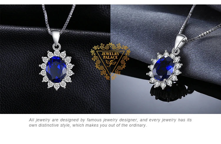 Sterling Silver Oval Shaped Lab Created Non-Treated Sapphire Accented with 14 Round Cubic Zirconia Stones on 18" Box Chain. Origin of Stone Switzerland