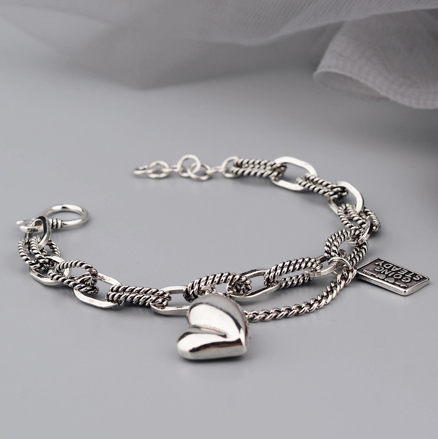 Classic Sterling Silver Bracelet with Vintage Hasp and Heart Charm