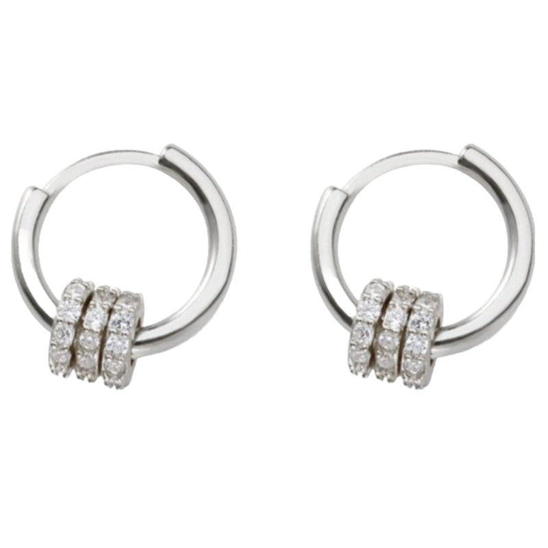 Trendy Rhodium Finish Sterling Silver 11.5 mm Hoop Earrings with 3 Spinning Rings on Each Earring