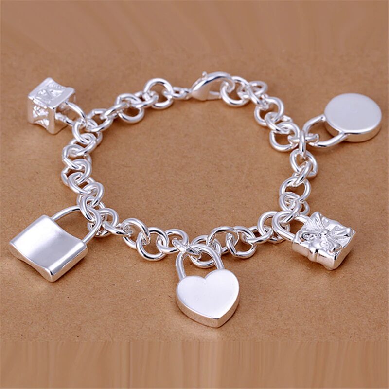 Beautiful Sterling Silver Charm Bracelet with an Assortment of Charming Heart, Square, and Lock Charms