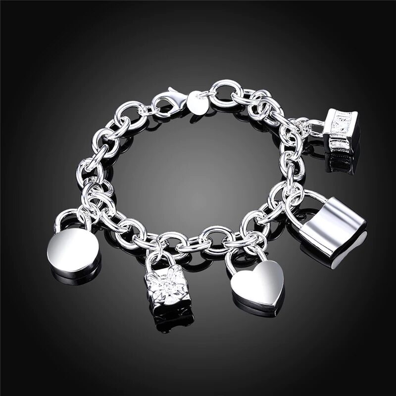 Beautiful Sterling Silver Charm Bracelet with an Assortment of Charming Heart, Square, and Lock Charms