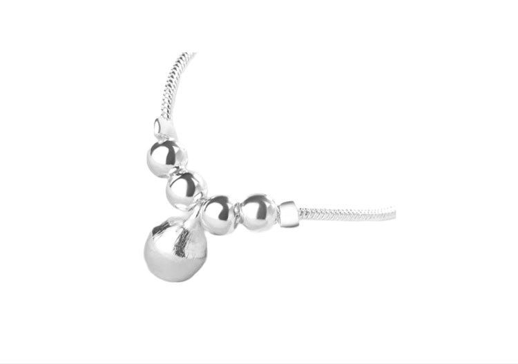 Graceful Sterling Silver Anklet with Cluster of 4 Smaller Beads and a Larger Bell Bead on Adjustable Chain