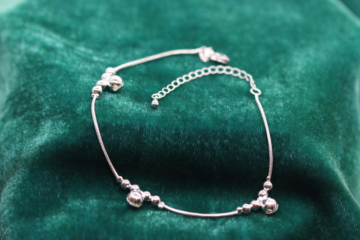 Graceful Sterling Silver Anklet with Cluster of 4 Smaller Beads and a Larger Bell Bead on Adjustable Chain