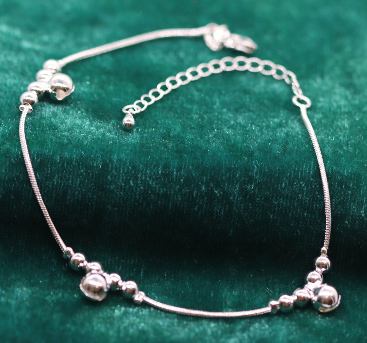 Graceful Sterling Silver Anklet with Cluster of 4 Smaller Beads and a Larger Bell Bead on Adjustable Chain