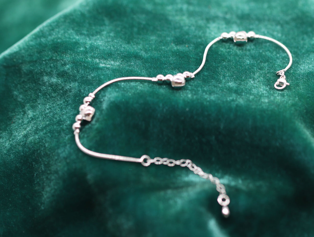 Graceful Sterling Silver Anklet with Cluster of 4 Smaller Beads and a Larger Bell Bead on Adjustable Chain