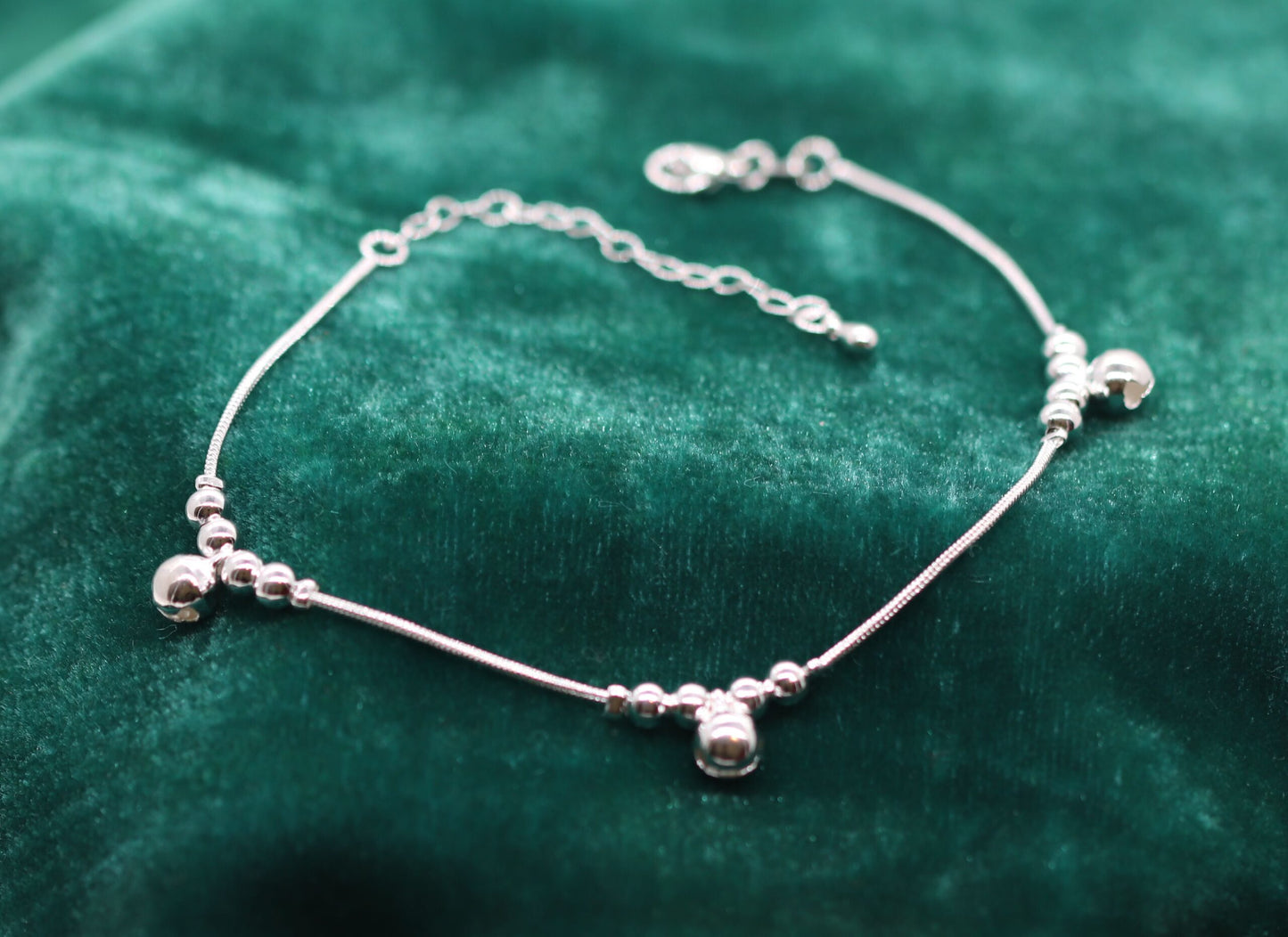 Graceful Sterling Silver Anklet with Cluster of 4 Smaller Beads and a Larger Bell Bead on Adjustable Chain