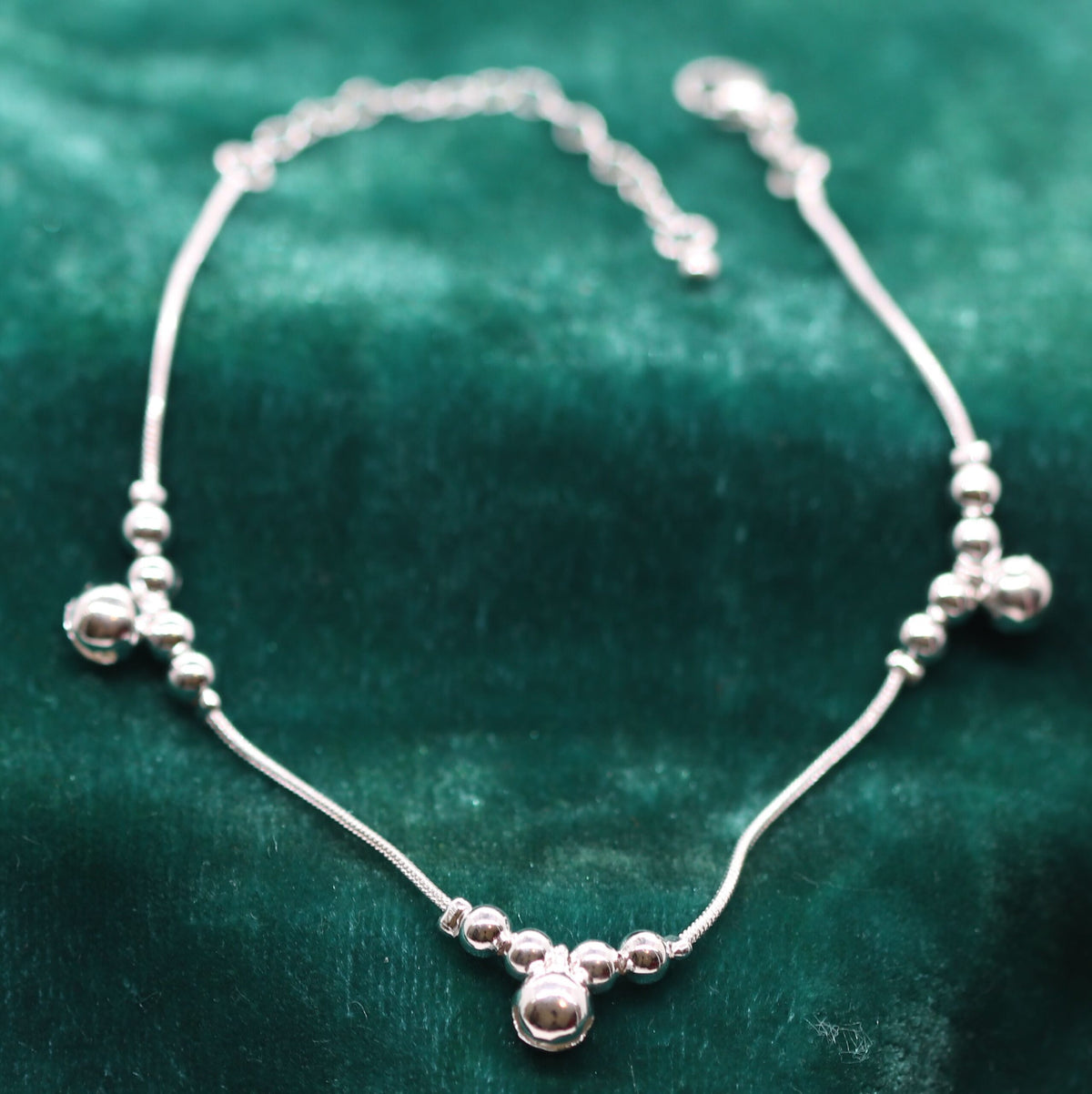 Graceful Sterling Silver Anklet with Cluster of 4 Smaller Beads and a Larger Bell Bead on Adjustable Chain