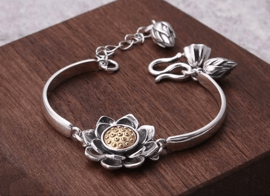 Stunning Sterling Silver Handcrafted Bracelet with Retro Lotus Design and Charms