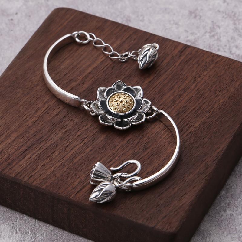 Stunning Sterling Silver Handcrafted Bracelet with Retro Lotus Design and Charms