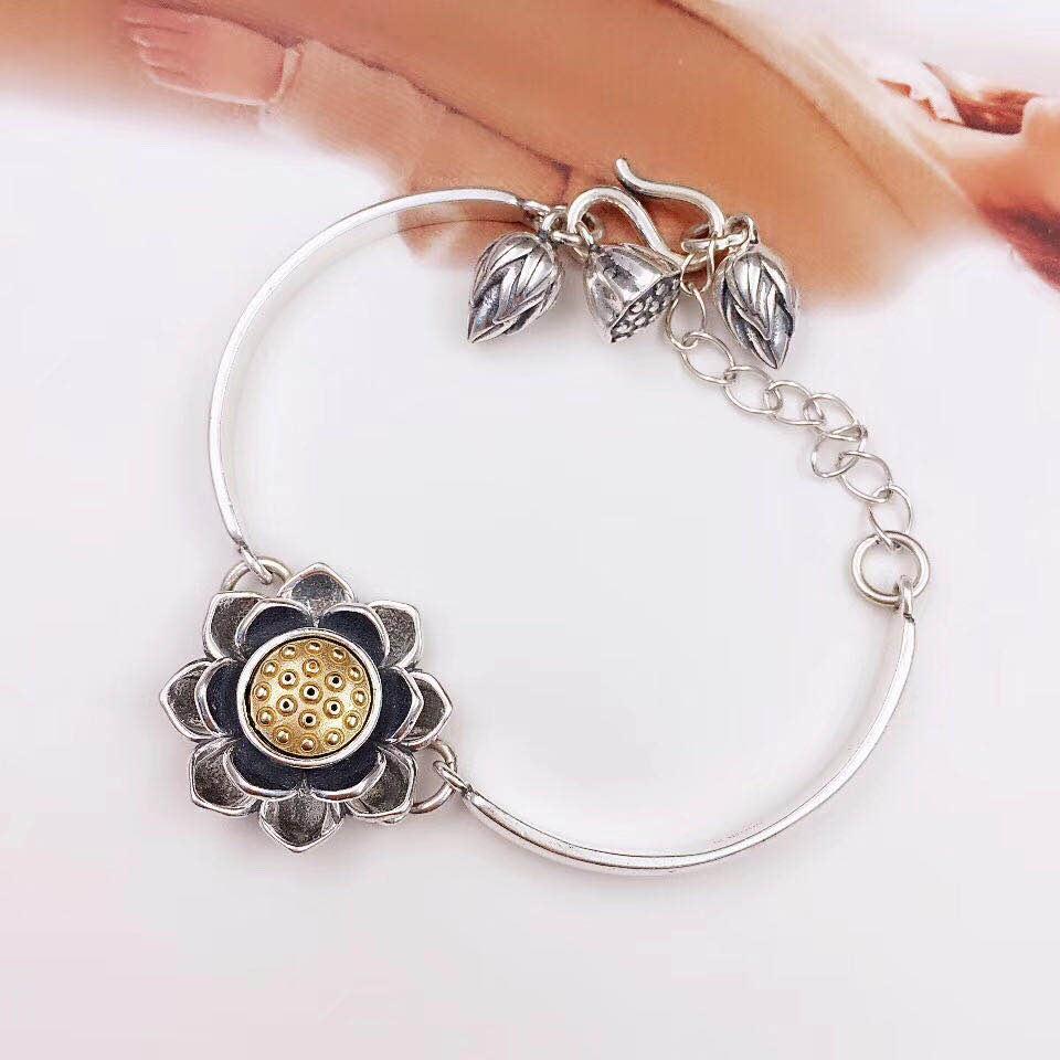 Stunning Sterling Silver Handcrafted Bracelet with Retro Lotus Design and Charms