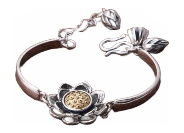 Stunning Sterling Silver Handcrafted Bracelet with Retro Lotus Design and Charms