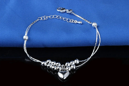 Elegant Sterling Silver Double Strand Cobra Chains Bracelet with Heart Charm