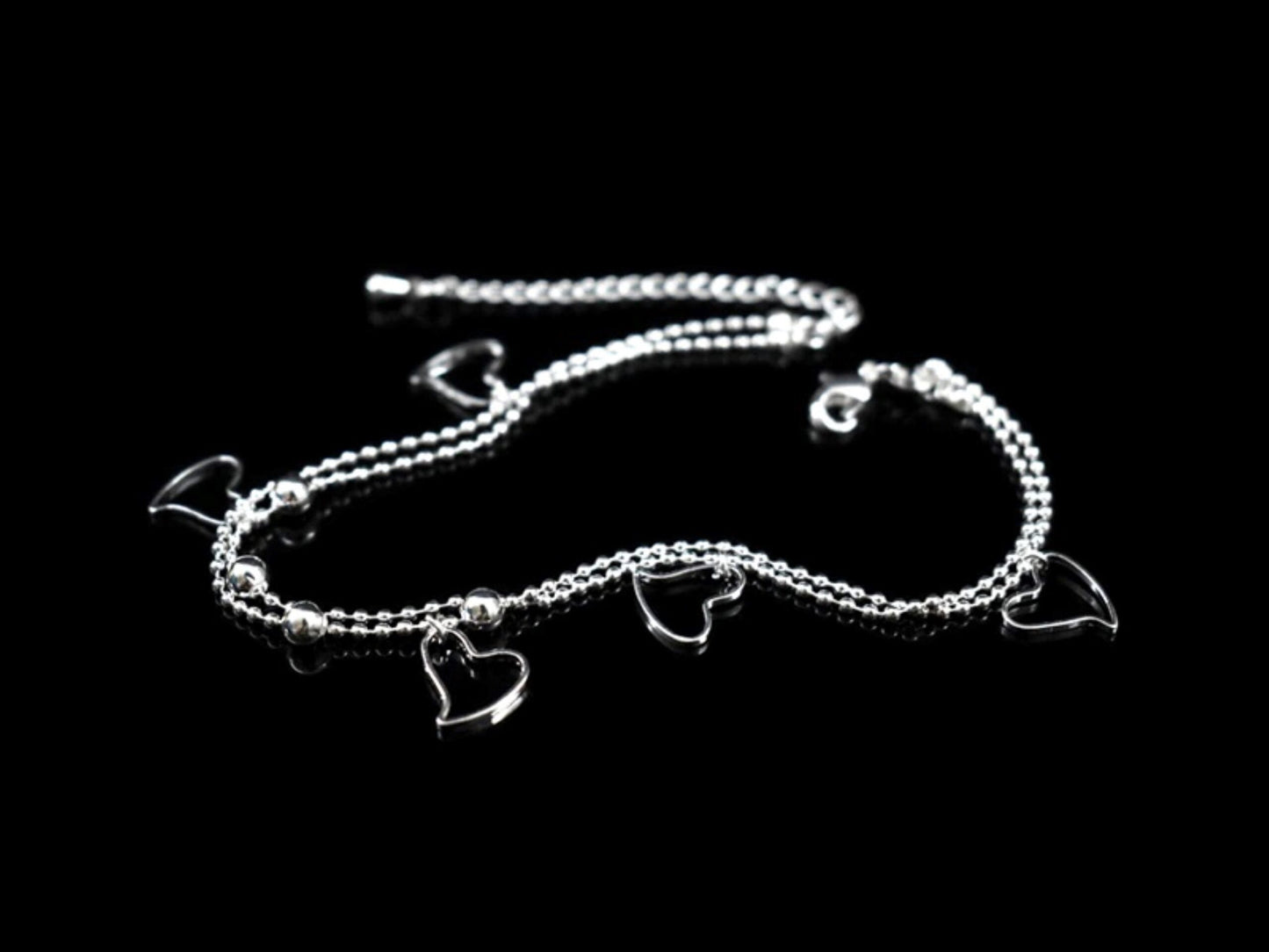 Elegant and Alluring Double Strand Anklet on Sterling Silver Ball Chain with Open Heart Charms and Beads