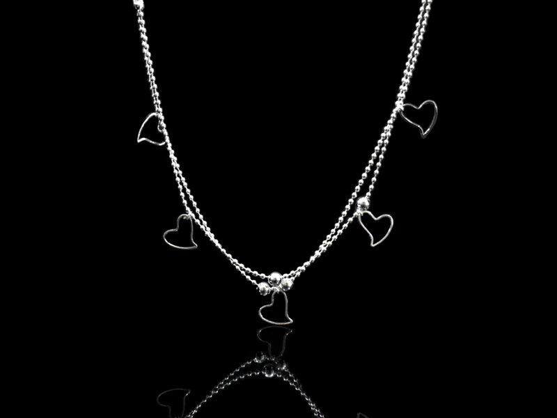 Elegant and Alluring Double Strand Anklet on Sterling Silver Ball Chain with Open Heart Charms and Beads