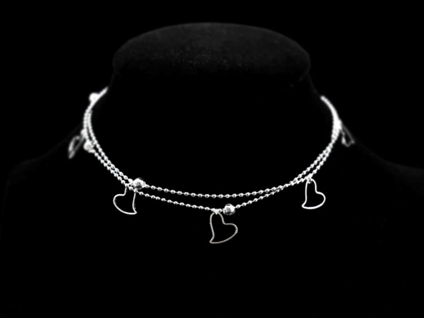 Elegant and Alluring Double Strand Anklet on Sterling Silver Ball Chain with Open Heart Charms and Beads