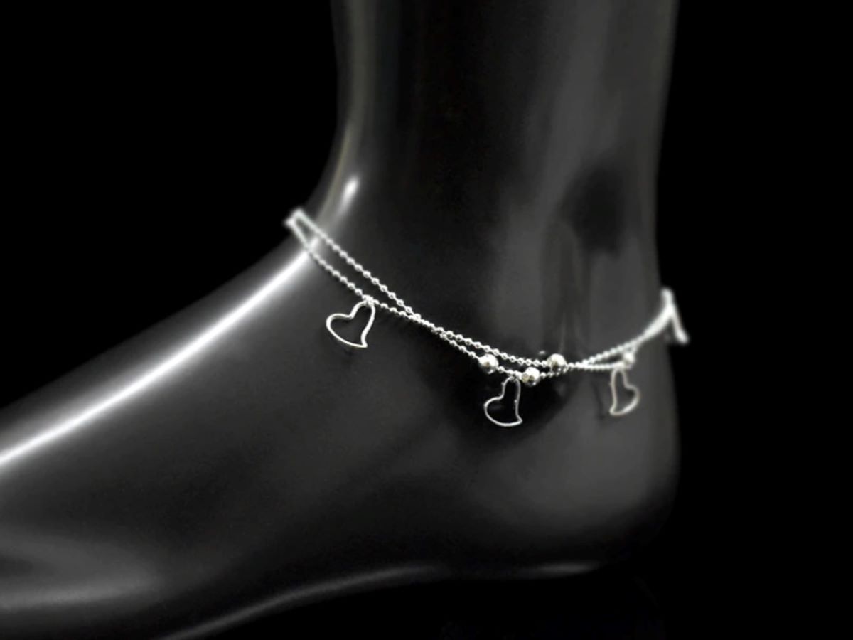 Elegant and Alluring Double Strand Anklet on Sterling Silver Ball Chain with Open Heart Charms and Beads