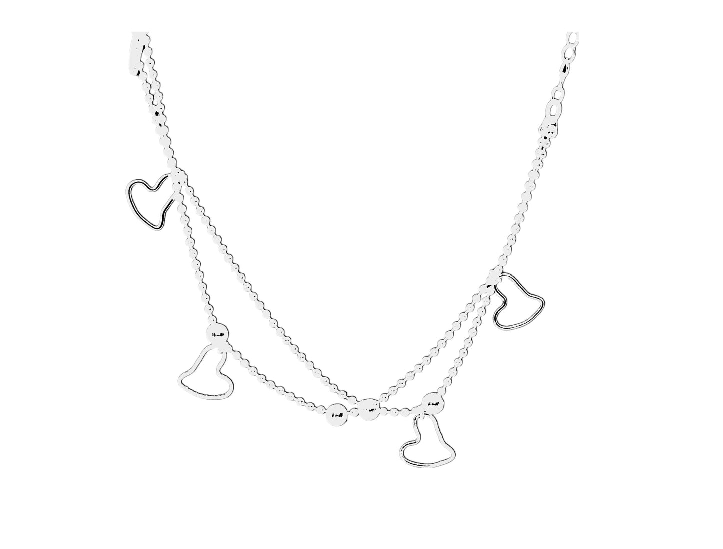 Elegant and Alluring Double Strand Anklet on Sterling Silver Ball Chain with Open Heart Charms and Beads