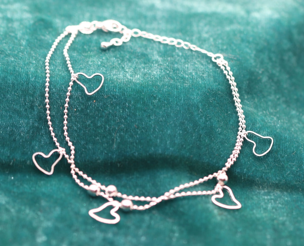 Elegant and Alluring Double Strand Anklet on Sterling Silver Ball Chain with Open Heart Charms and Beads