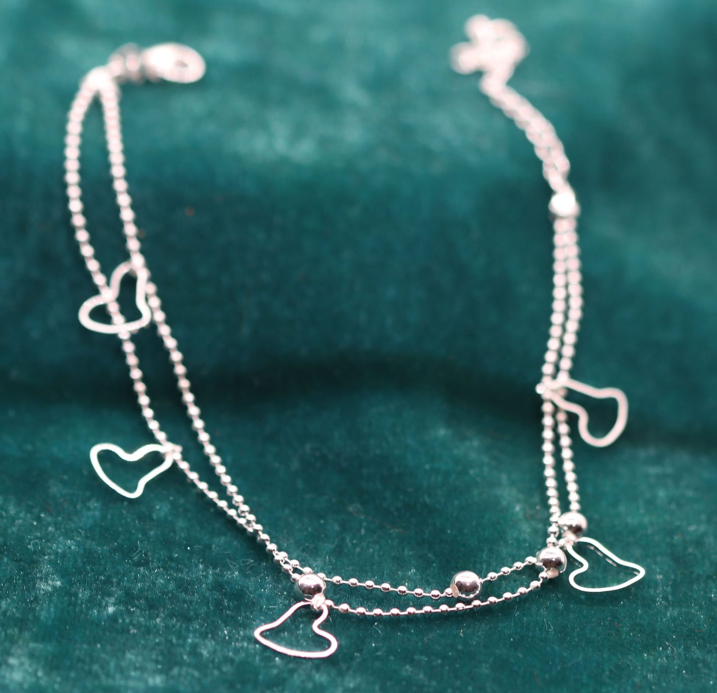 Elegant and Alluring Double Strand Anklet on Sterling Silver Ball Chain with Open Heart Charms and Beads