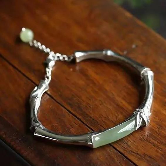 Elegant Handmade Sterling Silver Bamboo Jade Bangle Bracelet