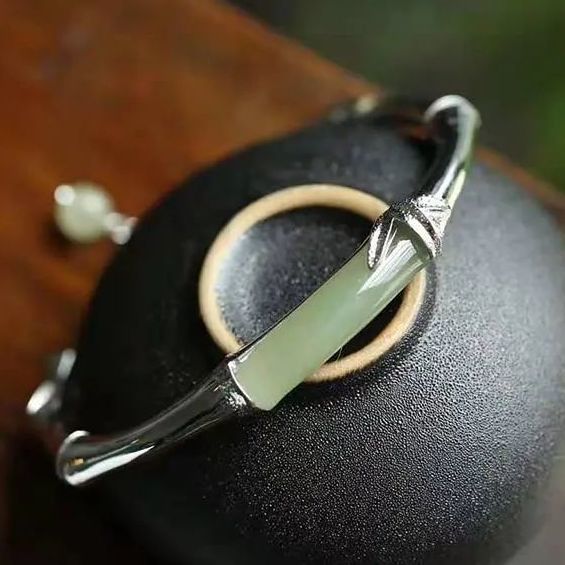 Elegant Handmade Sterling Silver Bamboo Jade Bangle Bracelet
