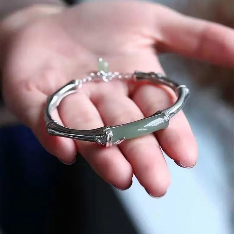 Elegant Handmade Sterling Silver Bamboo Jade Bangle Bracelet
