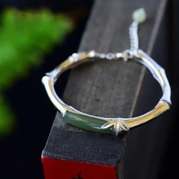 Elegant Handmade Sterling Silver Bamboo Jade Bangle Bracelet