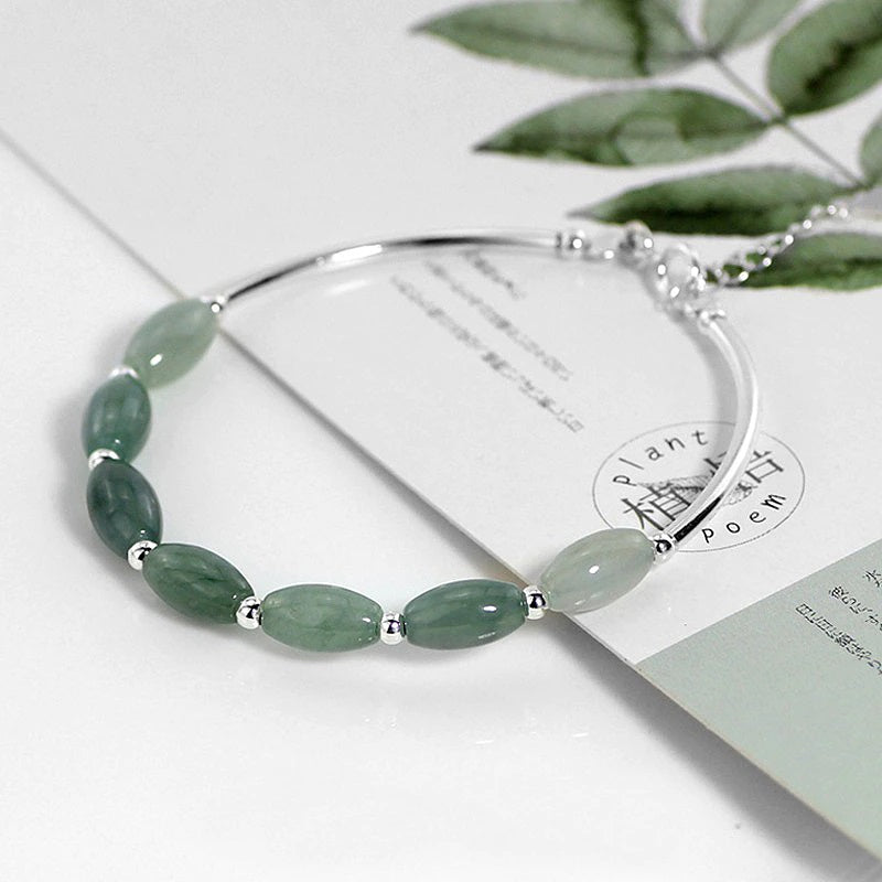 Delicate Sterling Silver and Natural Oval Jade Bangle Bracelet