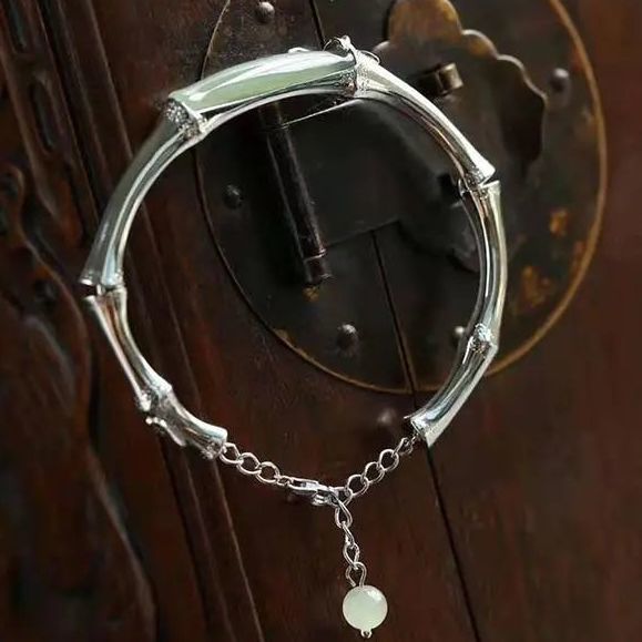 Elegant Handmade Sterling Silver Bamboo Jade Bangle Bracelet