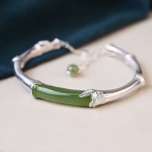 Elegant Handmade Sterling Silver Bamboo Jade Bangle Bracelet