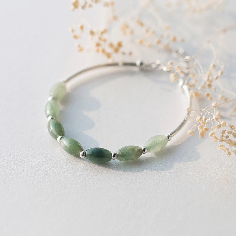 Delicate Sterling Silver and Natural Oval Jade Bangle Bracelet