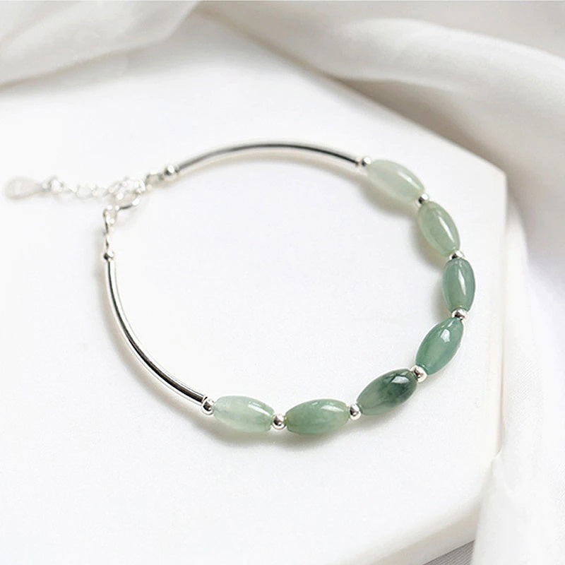 Delicate Sterling Silver and Natural Oval Jade Bangle Bracelet