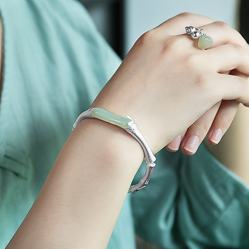 Elegant Handmade Sterling Silver Bamboo Jade Bangle Bracelet