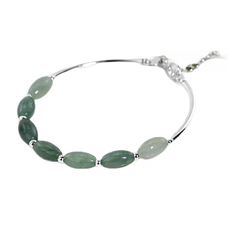 Delicate Sterling Silver and Natural Oval Jade Bangle Bracelet