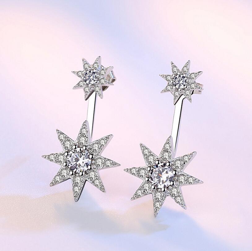 Exquisitely Designed Star Shaped Sterling Silver CZ Earring and Ear Jacket Set